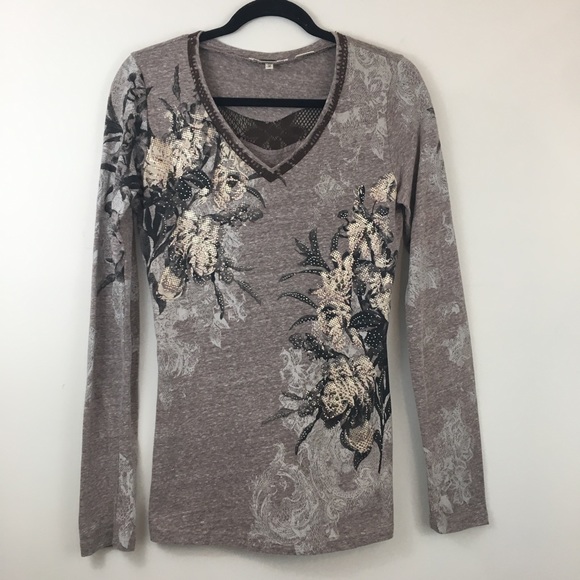 Miss Me Tops - Miss Me Mocha Heather Embellished Crochet LS Tee M